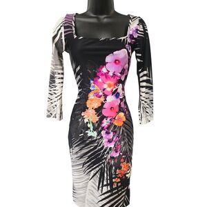 Fuzzi Italy Floral Palm Print Square Neck Bodycon Dress Black Pink Orange Size S